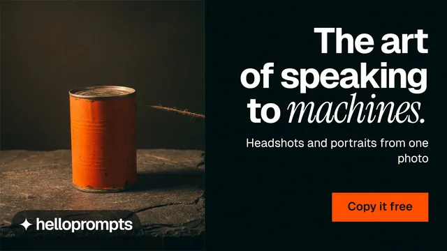 Landscape graphic for HelloPrompts: "The art of speaking to machines." Swiss style, right layout, dark palette in black, orange.