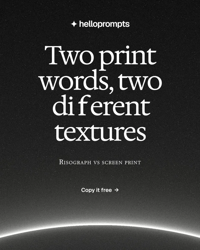 Instagram portrait post for HelloPrompts: "Two print words, two different textures". Swiss style, smallcaps layout, dark palette in black, grey.