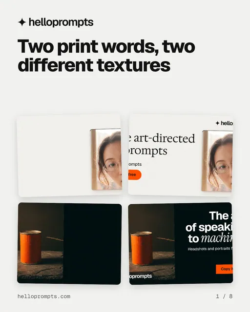 Carousel for HelloPrompts: "Two print words, two different textures". Collection carousel, 8 slides, light palette.