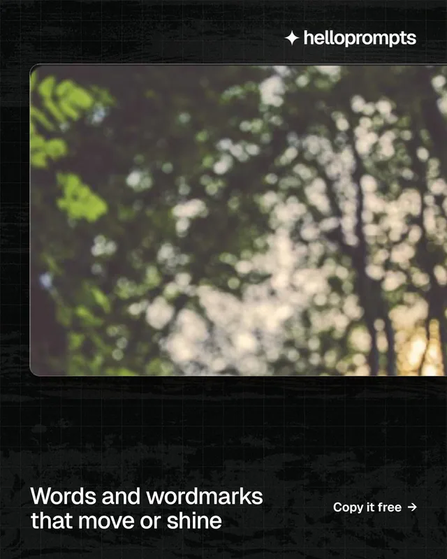 Instagram portrait post for HelloPrompts: "Words and wordmarks that move or shine". Phosphor atlas style, image led layout, dark palette in grey, black.