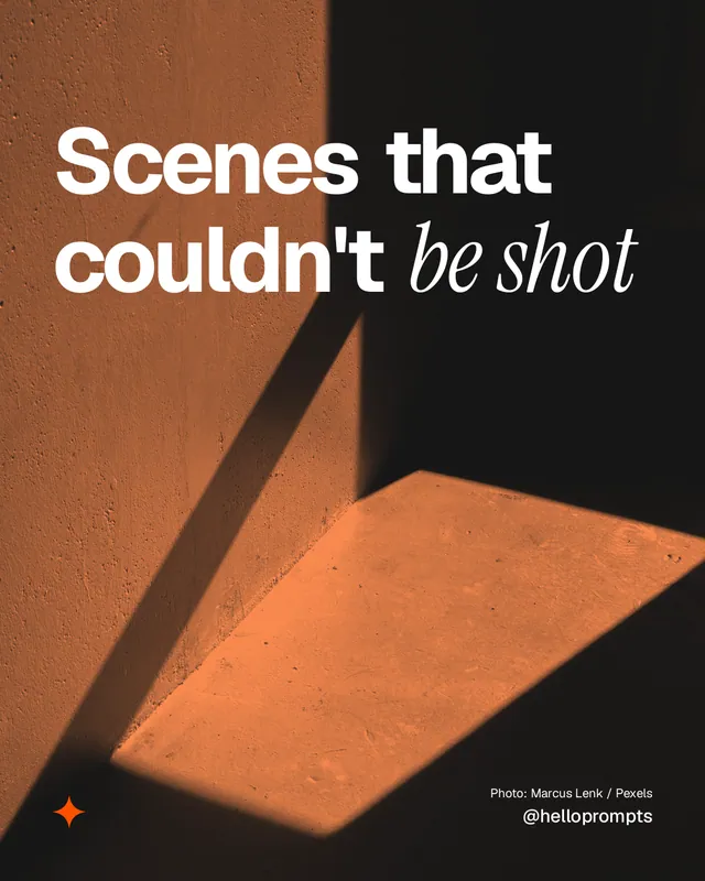 Instagram portrait post for HelloPrompts: "Scenes that couldn't be shot". Duotone style, technique:pexels ingredient layout, dark palette in brown, orange, black.