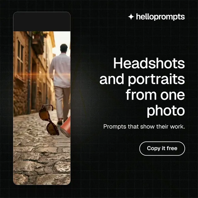Instagram post for HelloPrompts: "Headshots and portraits from one photo". Phosphor atlas style, right layout, dark palette in black, grey.