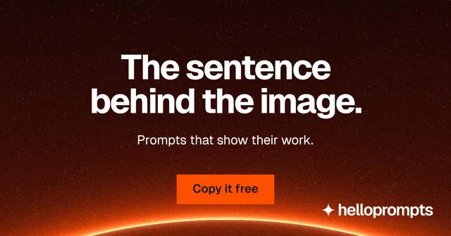 Social ad for HelloPrompts: "The sentence behind the image." Swiss style, centred layout, dark palette in black, red, orange.