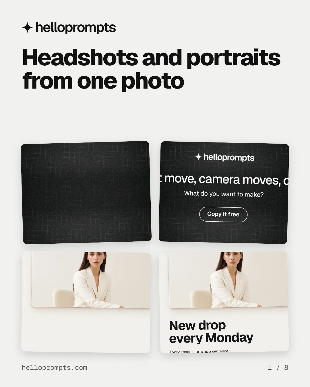 Carousel for HelloPrompts: "Headshots and portraits from one photo". Collection carousel, 8 slides, light palette.