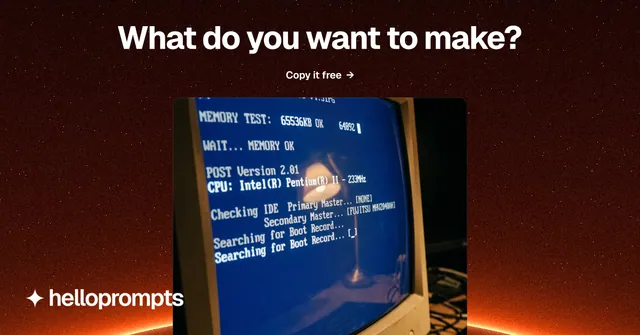 Social ad for HelloPrompts: "What do you want to make?" Swiss style, ogui layout, dark palette in black, blue, grey.