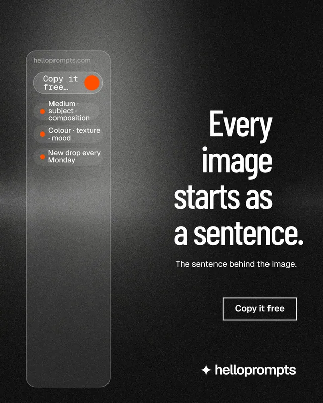 Instagram portrait post for HelloPrompts: "Every image starts as a sentence." Dark deco style, right layout, dark palette in black, grey.