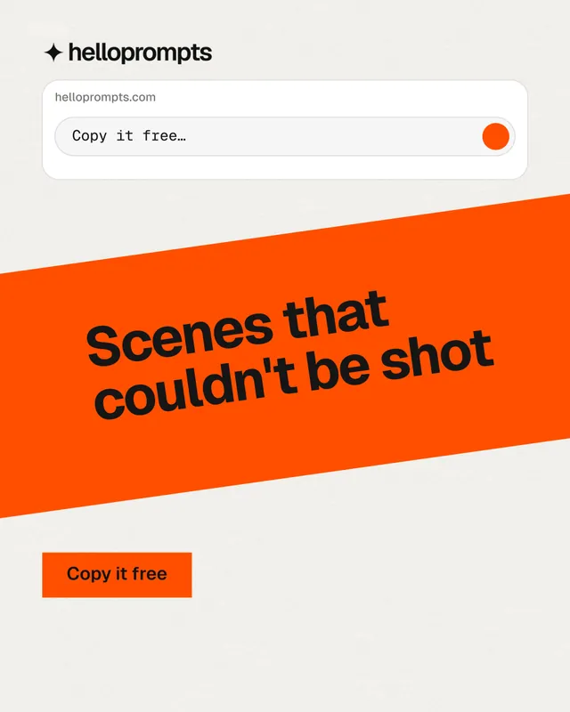 Instagram portrait post for HelloPrompts: "Scenes that couldn't be shot". Swiss style, diagonal layout, light palette in white, orange.