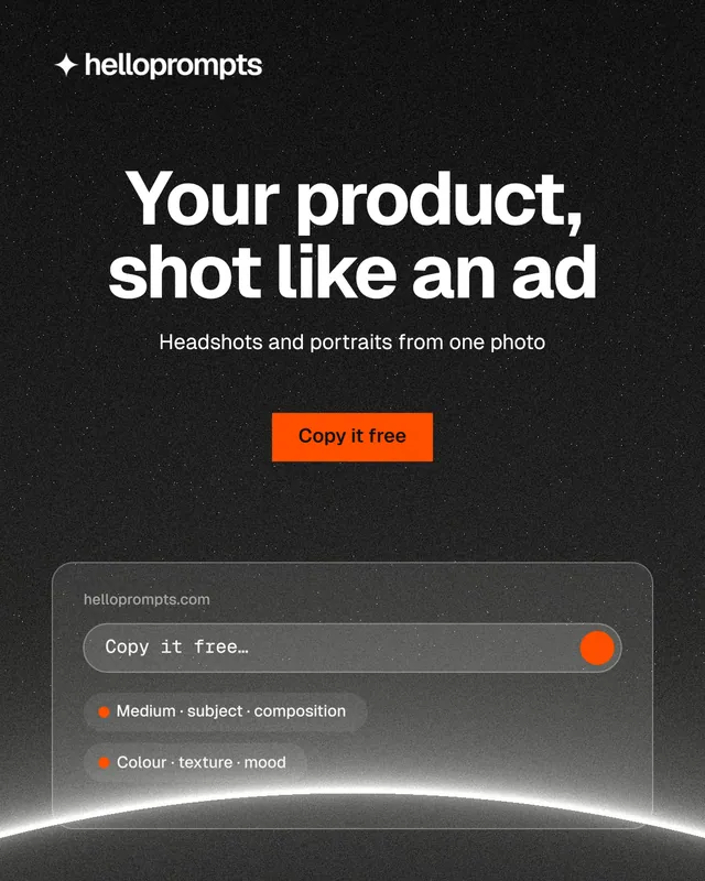 Instagram portrait post for HelloPrompts: "Your product, shot like an ad". Swiss style, centred layout, dark palette in black, grey.