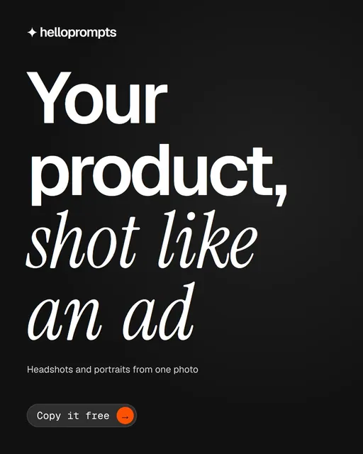 Video for HelloPrompts: "Your product, shot like an ad". Doc motion loop, 6.0 s, dark palette.