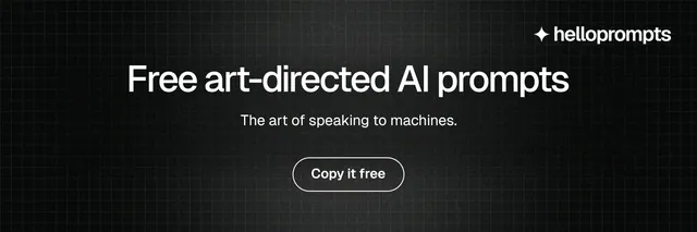 X header for HelloPrompts: "Free art-directed AI prompts". Phosphor atlas style, centred layout, dark palette in black, grey.