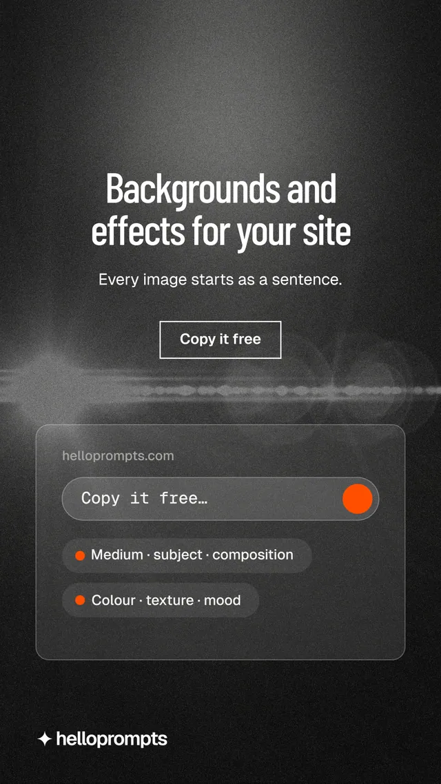 Instagram story for HelloPrompts: "Backgrounds and effects for your site". Dark deco style, centred layout, dark palette in black, grey.
