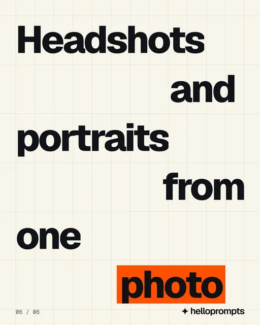 Video for HelloPrompts: "Headshots and portraits from one photo". Kinetic type grid, 6.0 s, light palette.
