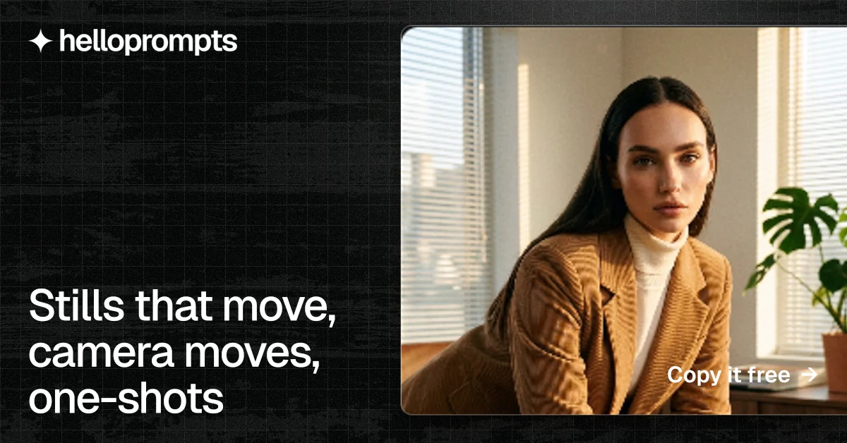 Social ad for HelloPrompts: "Stills that move, camera moves, one-shots". Phosphor atlas style, image led layout, dark palette in orange, black.