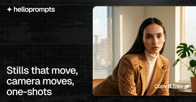 Social ad for HelloPrompts: "Stills that move, camera moves, one-shots". Phosphor atlas style, image led layout, dark palette in orange, black.