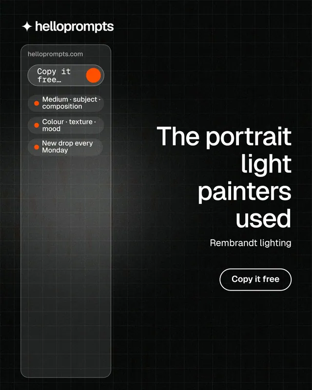 Instagram portrait post for HelloPrompts: "The portrait light painters used". Phosphor atlas style, right layout, dark palette in black, grey.