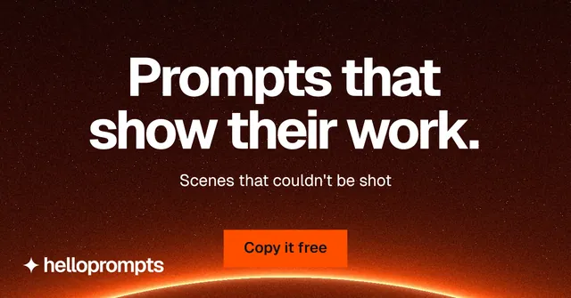 Social ad for HelloPrompts: "Prompts that show their work." Swiss style, centred layout, dark palette in black, red, orange.