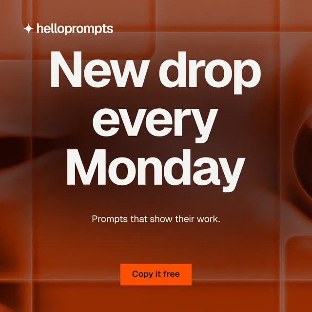Instagram post for HelloPrompts: "New drop every Monday". Swiss style, centred layout, dark palette in red, orange, grey.