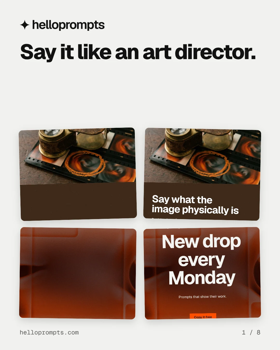 Carousel for HelloPrompts: "Say it like an art director.". Collection carousel, 8 slides, light palette.