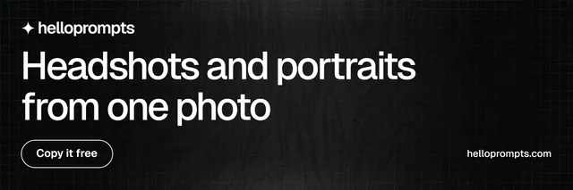 X header for HelloPrompts: "Headshots and portraits from one photo". Phosphor atlas style, poster layout, dark palette in black, grey.
