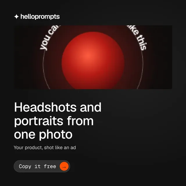 Video for HelloPrompts: "Headshots and portraits from one photo". Doc motion loop, 7.0 s, dark palette.