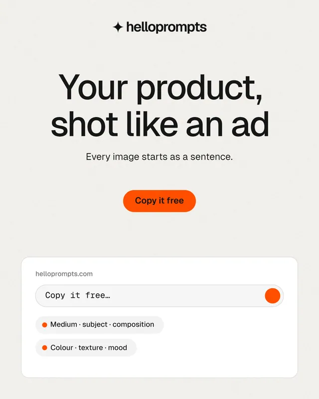 Instagram portrait post for HelloPrompts: "Your product, shot like an ad". Data card style, centred layout, light palette in white.