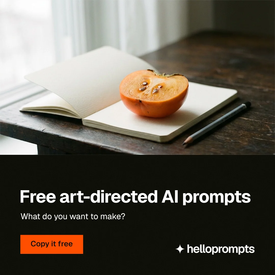 Instagram post for HelloPrompts: "Free art-directed AI prompts". Swiss style, bottom layout, dark palette in white, black, orange.