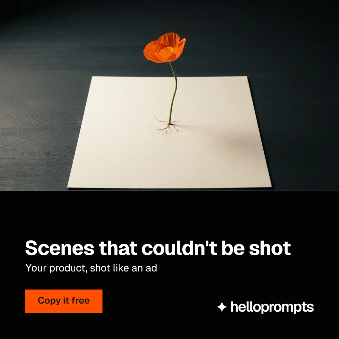 Instagram post for HelloPrompts: "Scenes that couldn't be shot". Swiss style, bottom layout, dark palette in black, orange, grey.