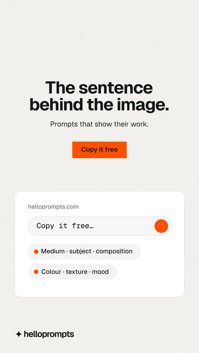 Instagram story for HelloPrompts: "The sentence behind the image." Swiss style, centred layout, light palette in white, orange.