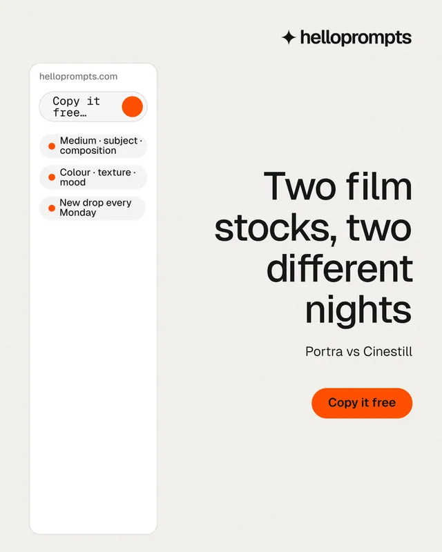 Instagram portrait post for HelloPrompts: "Two film stocks, two different nights". Data card style, right layout, light palette in white.