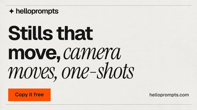 Landscape graphic for HelloPrompts: "Stills that move, camera moves, one-shots". Swiss style, poster layout, light palette in white, grey.