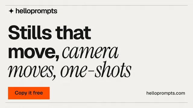 Landscape graphic for HelloPrompts: "Stills that move, camera moves, one-shots". Swiss style, poster layout, light palette in white, grey.