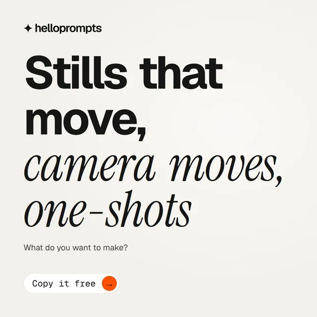 Video for HelloPrompts: "Stills that move, camera moves, one-shots". Doc motion loop, 8.0 s, light palette.
