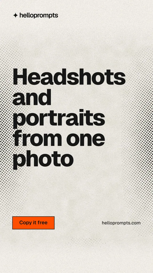 Instagram story for HelloPrompts: "Headshots and portraits from one photo". Ink sticker style, poster layout, light palette in white, yellow, grey.