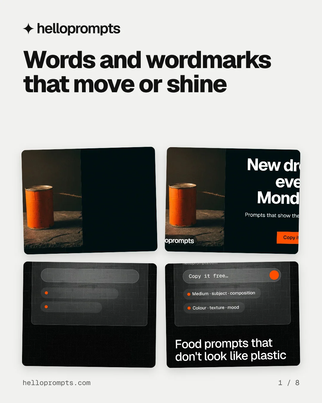 Carousel for HelloPrompts: "Words and wordmarks that move or shine". Collection carousel, 8 slides, light palette.