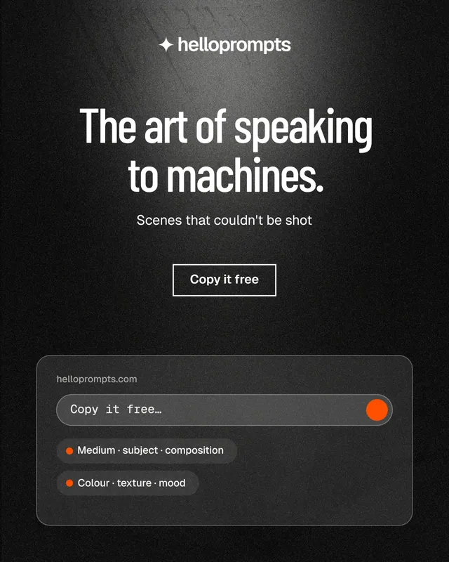 Instagram portrait post for HelloPrompts: "The art of speaking to machines." Dark deco style, centred layout, dark palette in black, grey.