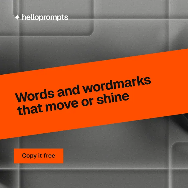 Instagram post for HelloPrompts: "Words and wordmarks that move or shine". Swiss style, diagonal layout, dark palette in grey, orange.
