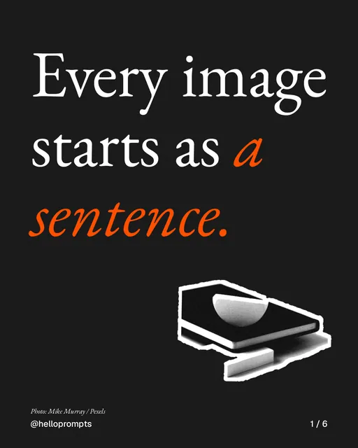 Carousel for HelloPrompts: "Every image starts as a sentence.". Cutout essay, 6 slides, dark palette.