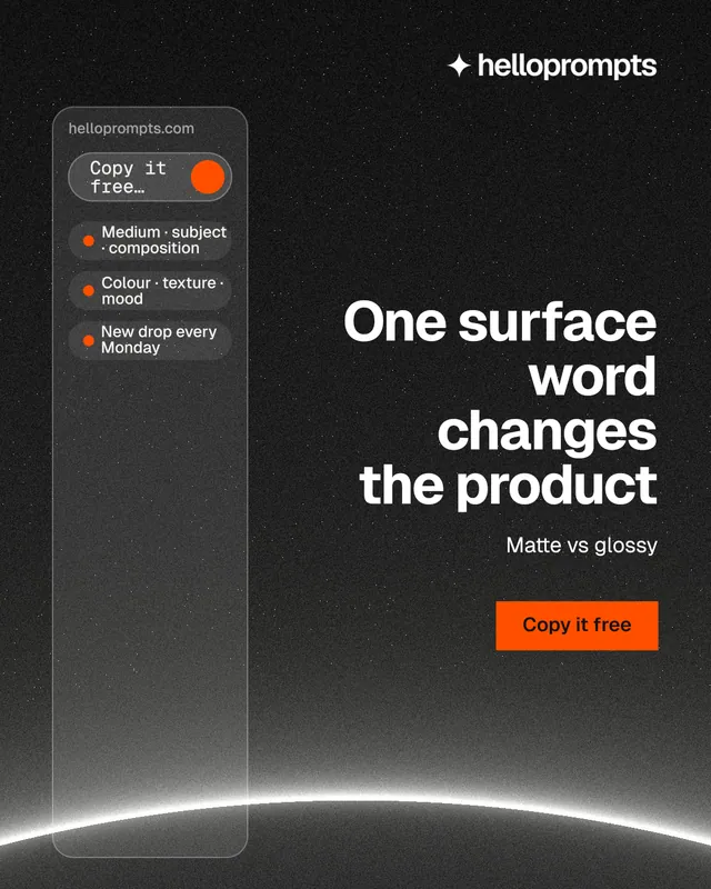 Instagram portrait post for HelloPrompts: "One surface word changes the product". Swiss style, right layout, dark palette in black, grey.