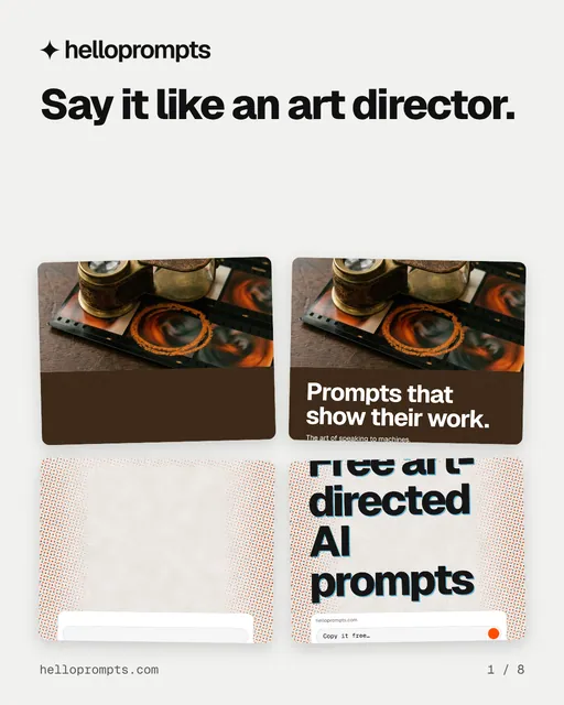 Carousel for HelloPrompts: "Say it like an art director.". Collection carousel, 8 slides, light palette.