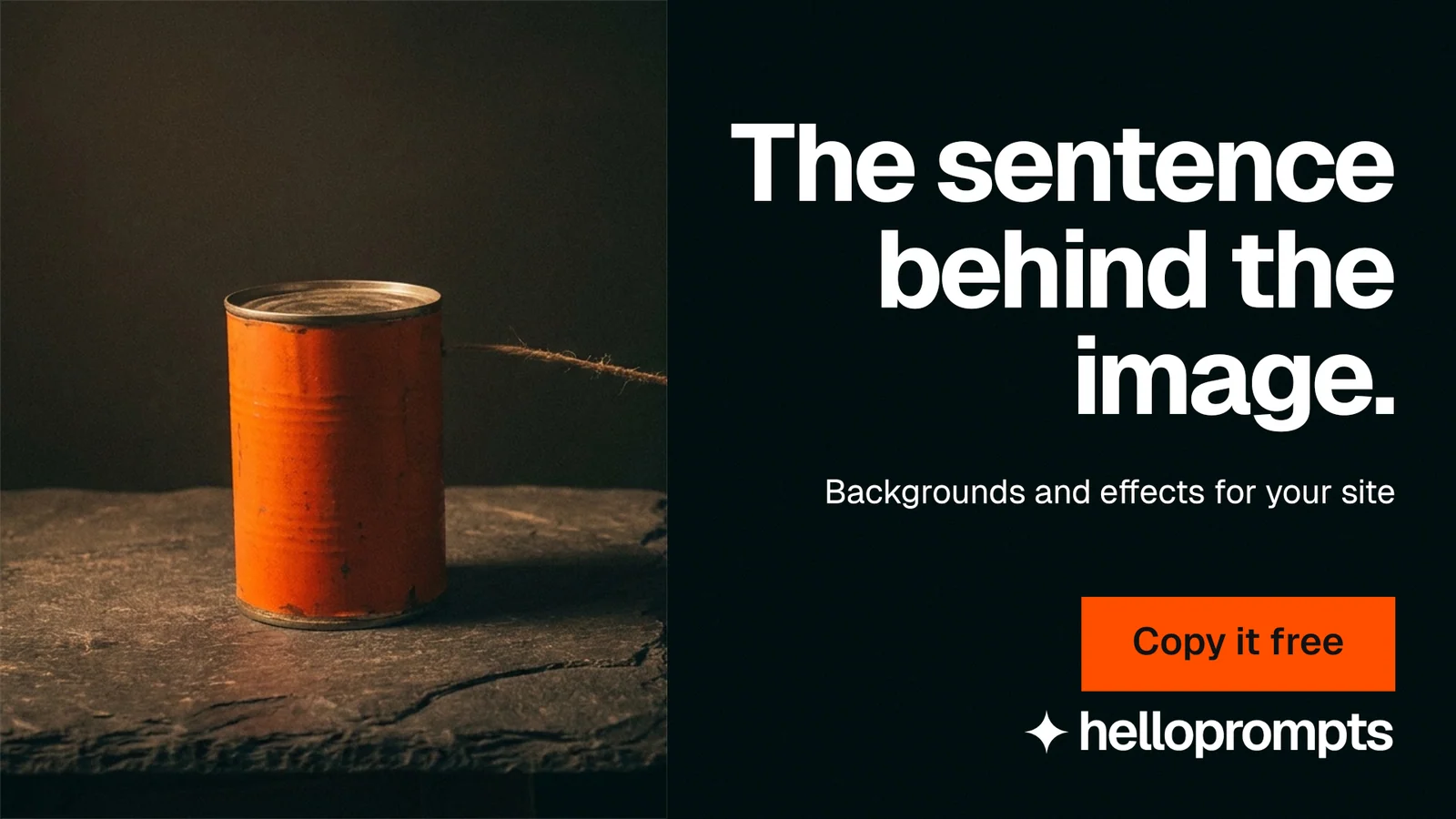 Landscape graphic for HelloPrompts: "The sentence behind the image." Swiss style, right layout, dark palette in black, yellow, orange.