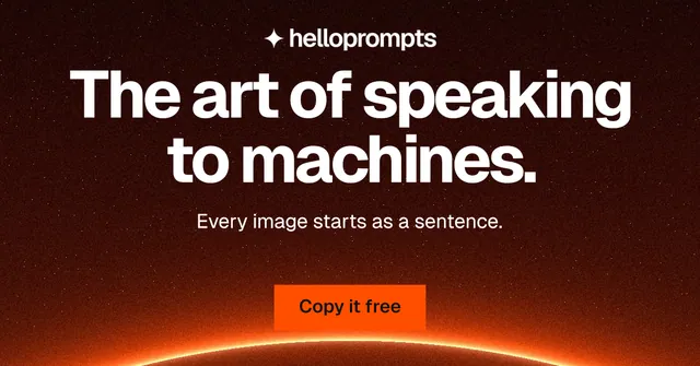Social ad for HelloPrompts: "The art of speaking to machines." Swiss style, centred layout, dark palette in black, red, orange.