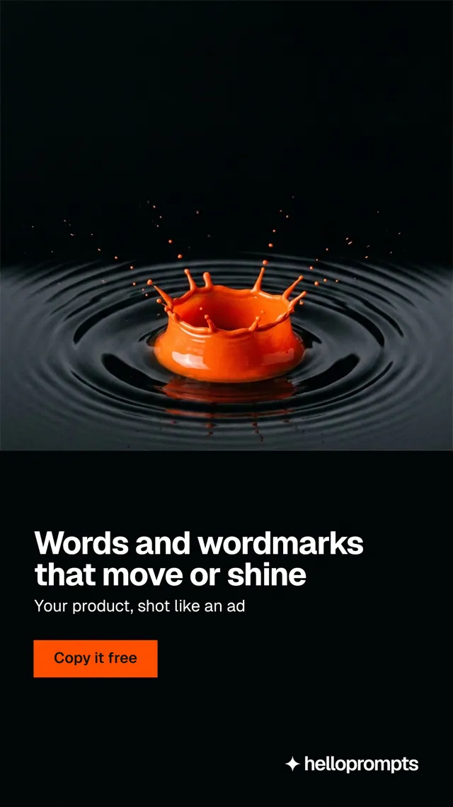 Instagram story for HelloPrompts: "Words and wordmarks that move or shine". Swiss style, bottom layout, dark palette in black, grey.