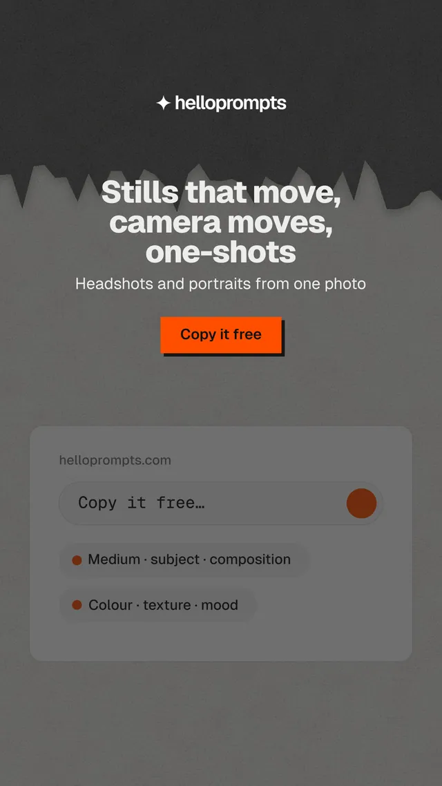 Instagram story for HelloPrompts: "Stills that move, camera moves, one-shots". Paper trio style, centred layout, dark palette in grey, black.