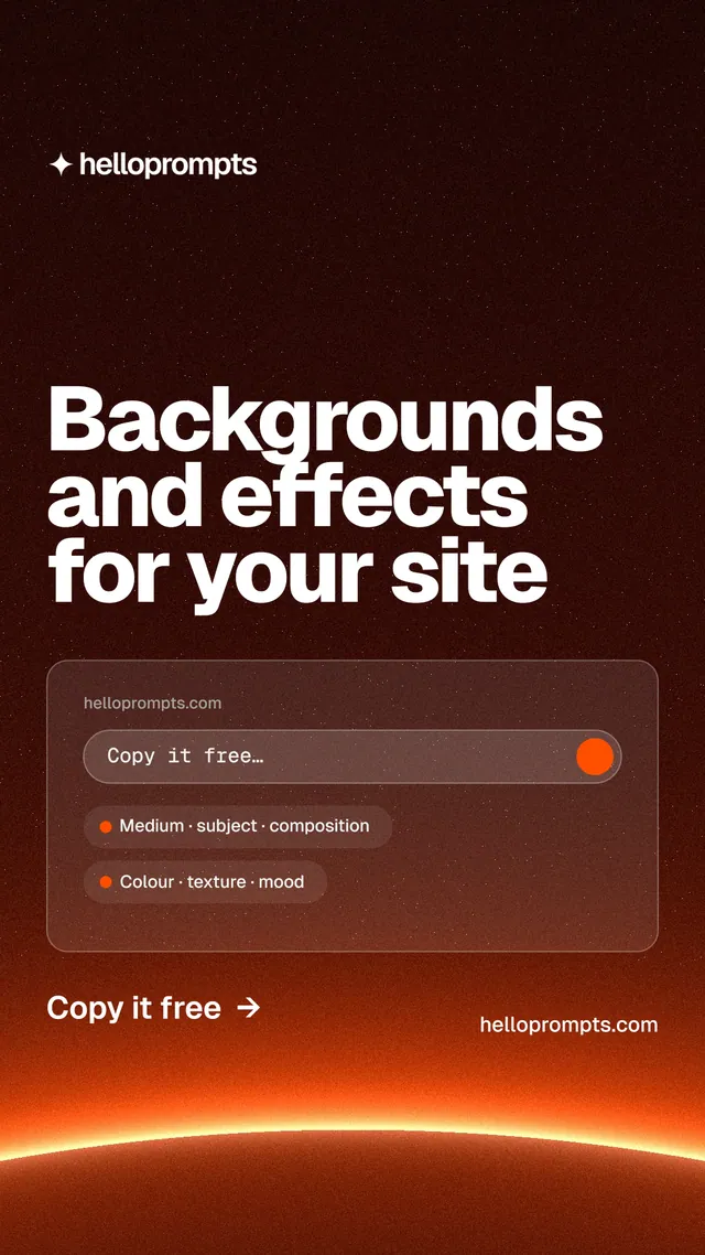Instagram story for HelloPrompts: "Backgrounds and effects for your site". Turn card style, poster layout, dark palette in red, black, orange.