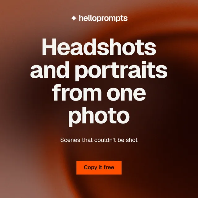 Instagram post for HelloPrompts: "Headshots and portraits from one photo". Swiss style, centred layout, dark palette in orange, black, red.