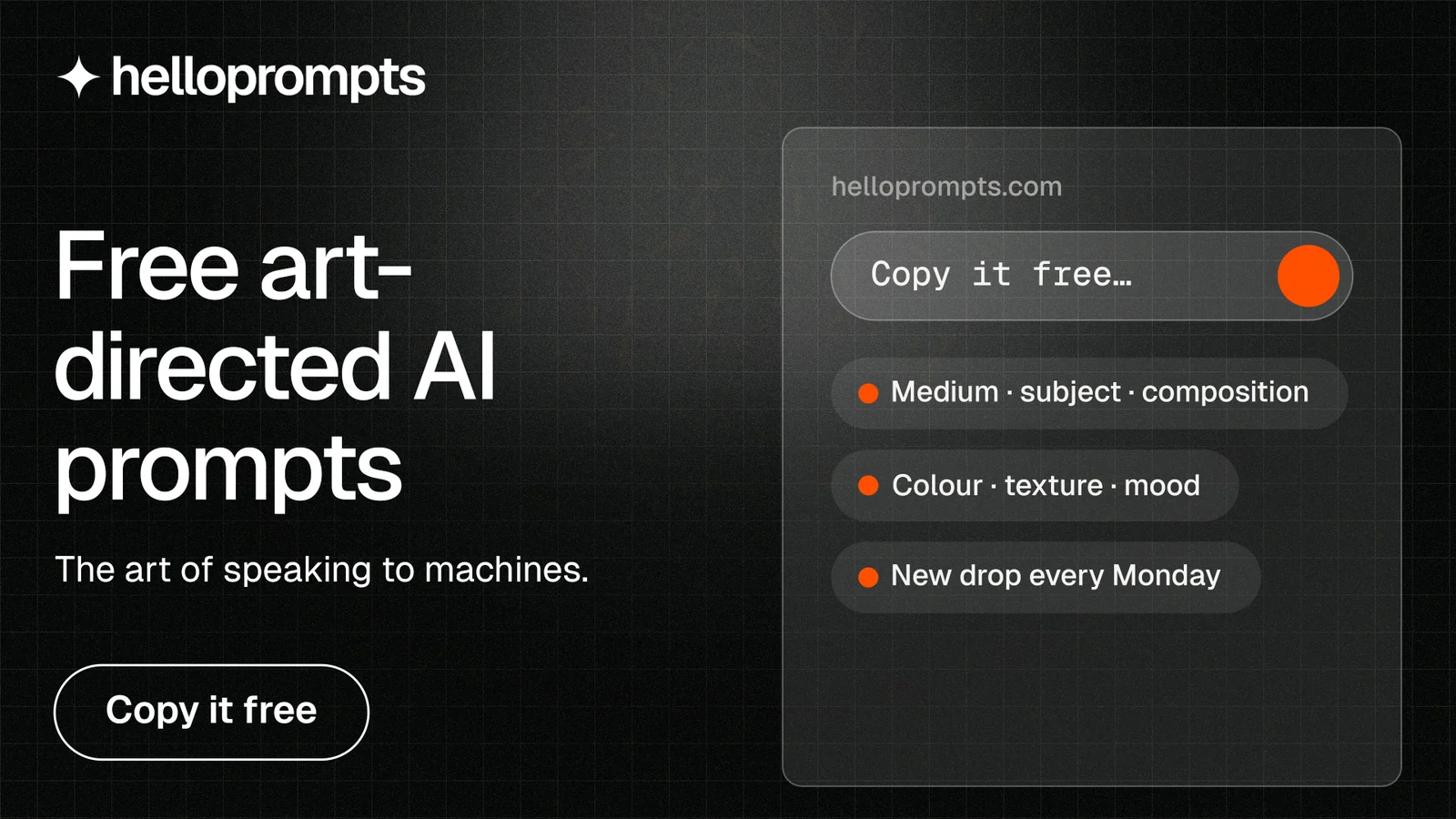 Landscape graphic for HelloPrompts: "Free art-directed AI prompts". Phosphor atlas style, bottom layout, dark palette in black, grey.