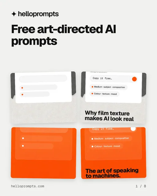 Carousel for HelloPrompts: "Free art-directed AI prompts". Collection carousel, 8 slides, light palette.