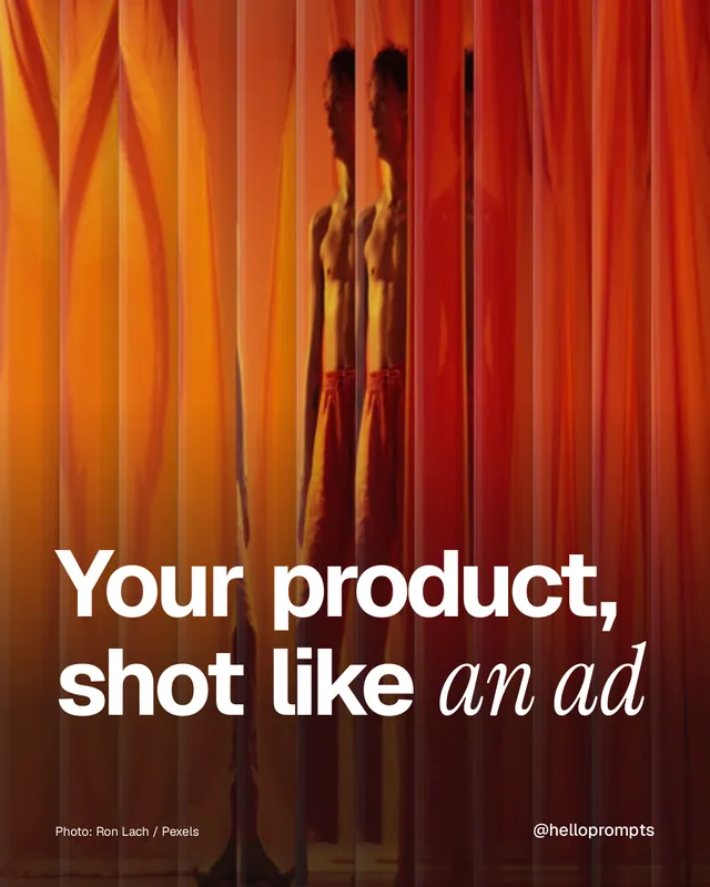 Instagram portrait post for HelloPrompts: "Your product, shot like an ad". Photo style, technique:fluted glass layout, dark palette in red, orange.