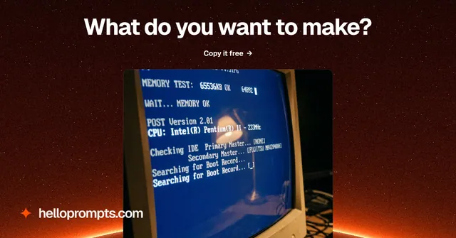 Social ad for HelloPrompts: "What do you want to make?" Swiss style, ogui layout, dark palette in black, blue, red.