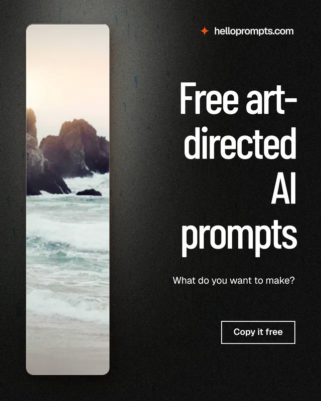 Instagram portrait post for HelloPrompts: "Free art-directed AI prompts". Dark deco style, right layout, dark palette in black, grey.